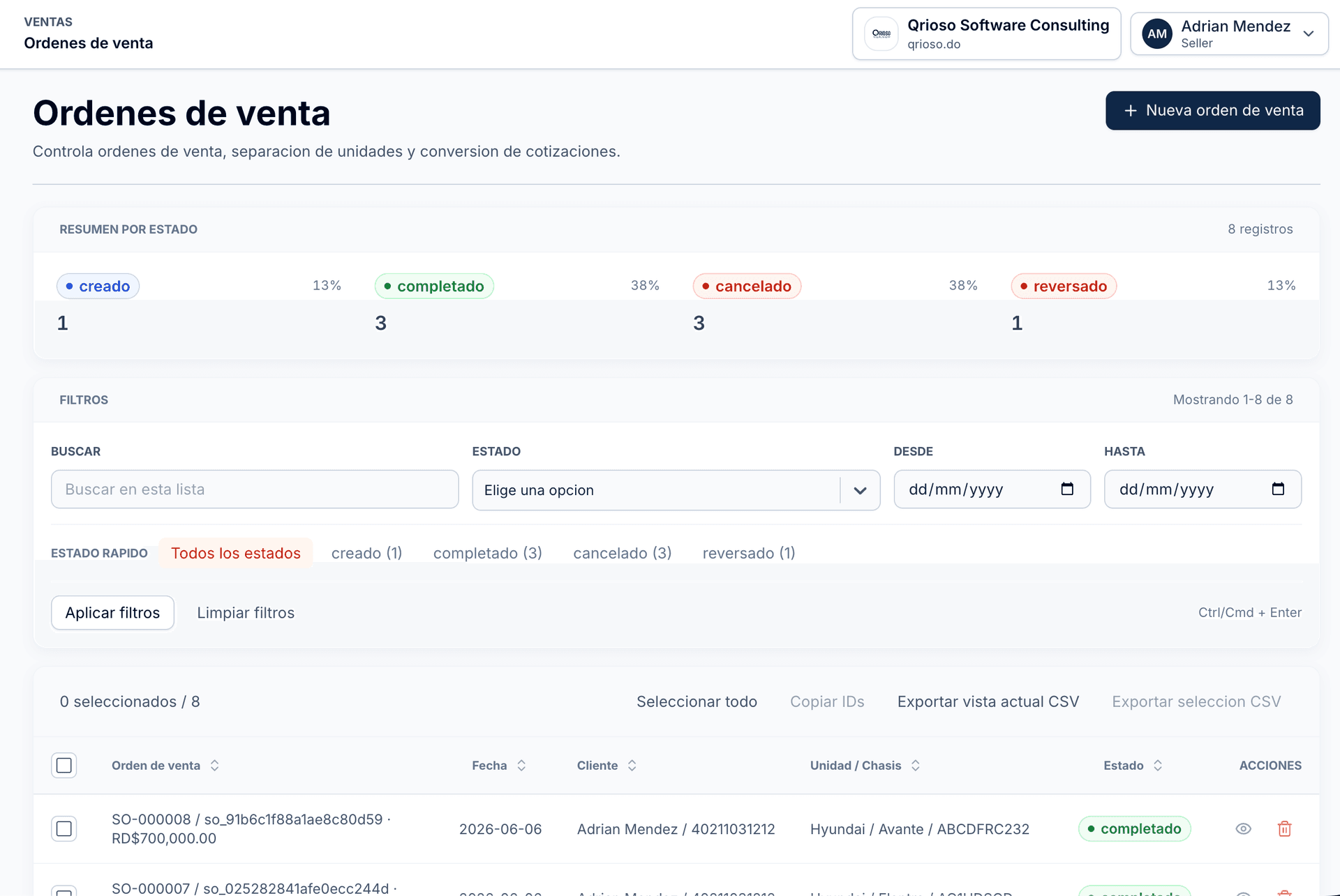 Sales orders view in DealerApp by Qrioso.
