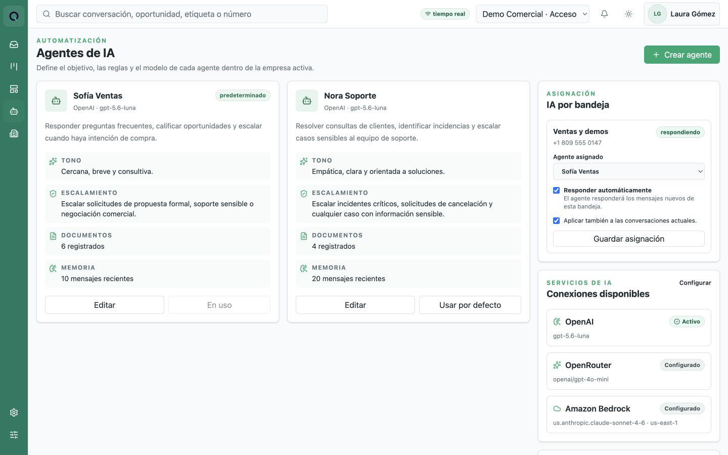 Real Qrioso CRM AI agent settings with simulated data.