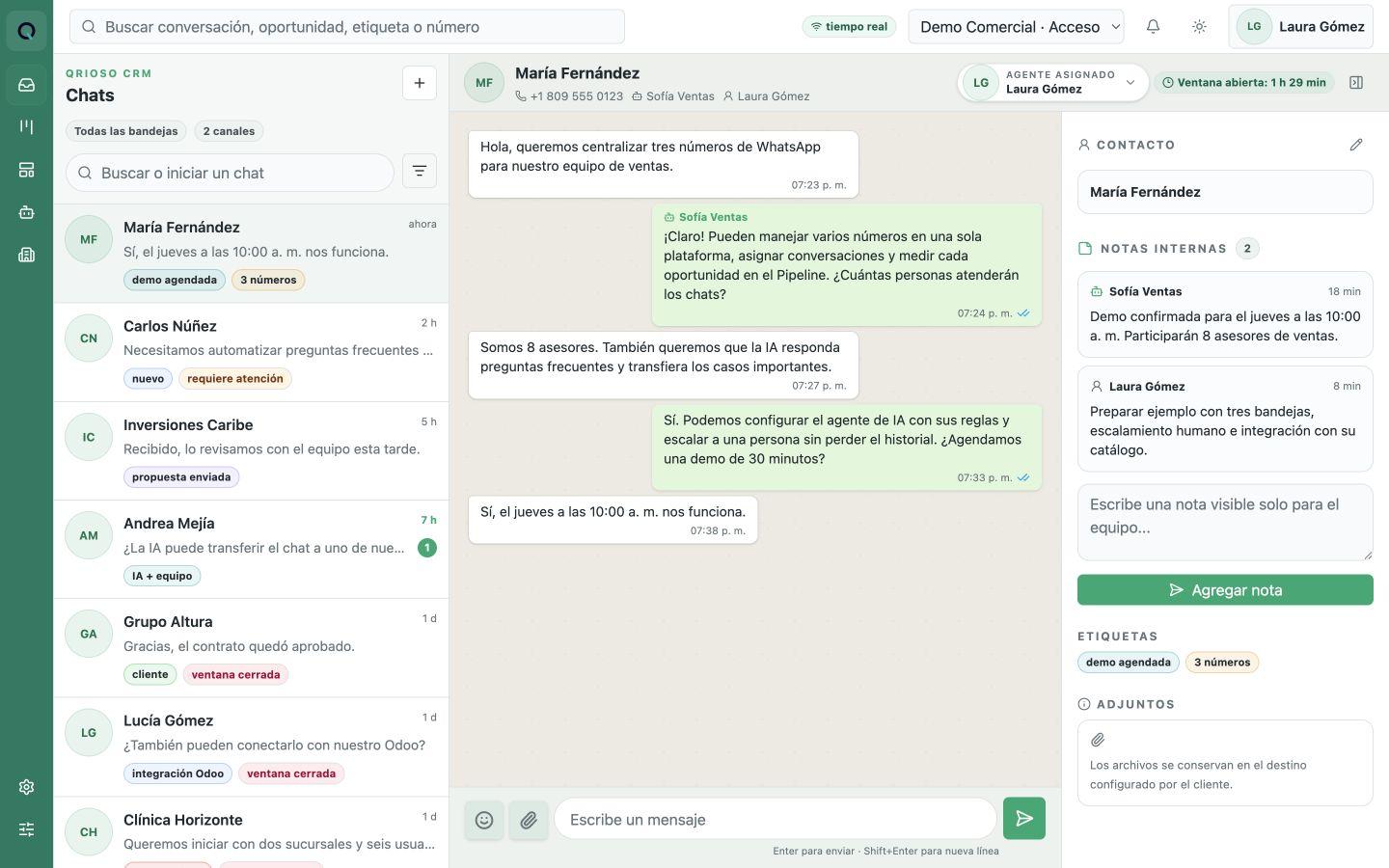 Real Qrioso CRM inbox screenshot with simulated conversations and data.