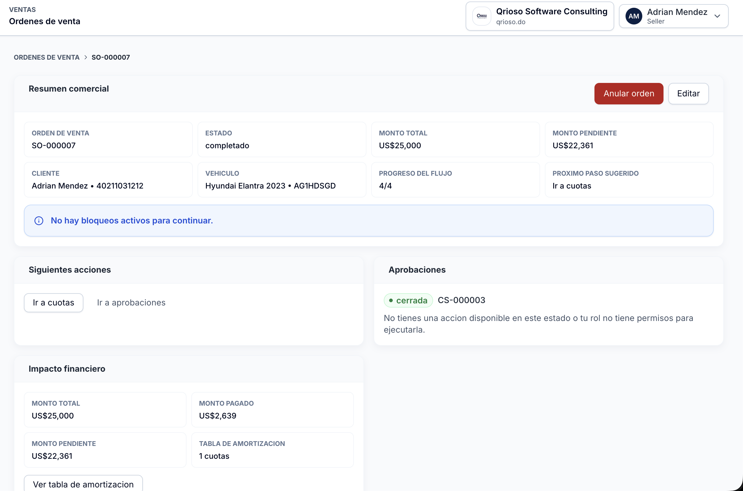 Detalle de una orden de venta en DealerApp con resumen comercial, aprobaciones e impacto financiero.