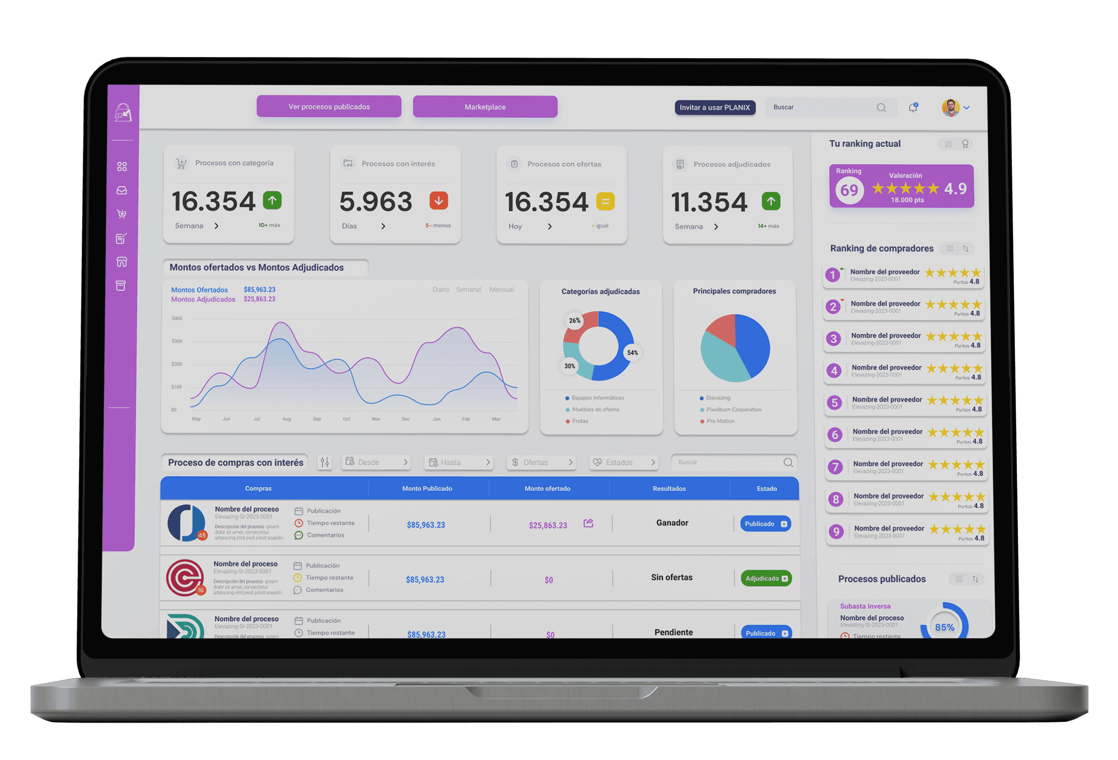 Public Planix screen with supplier dashboard and ranking.