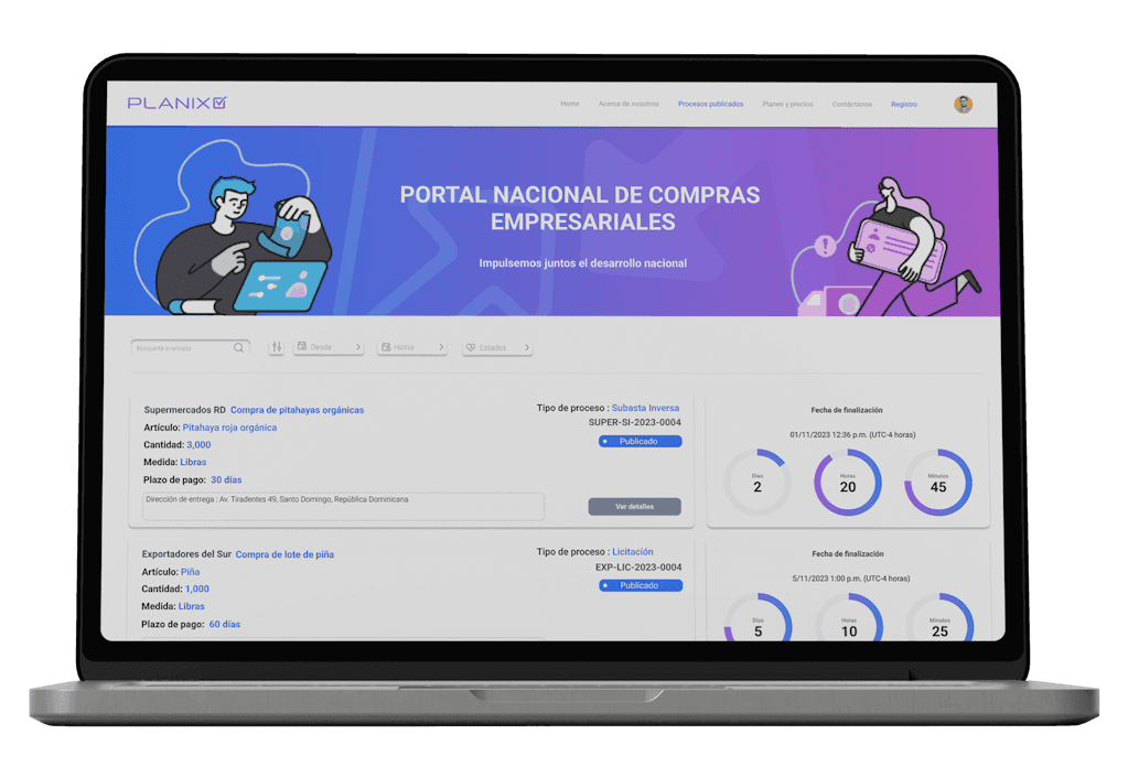 Public Planix screen showing the national business procurement portal.